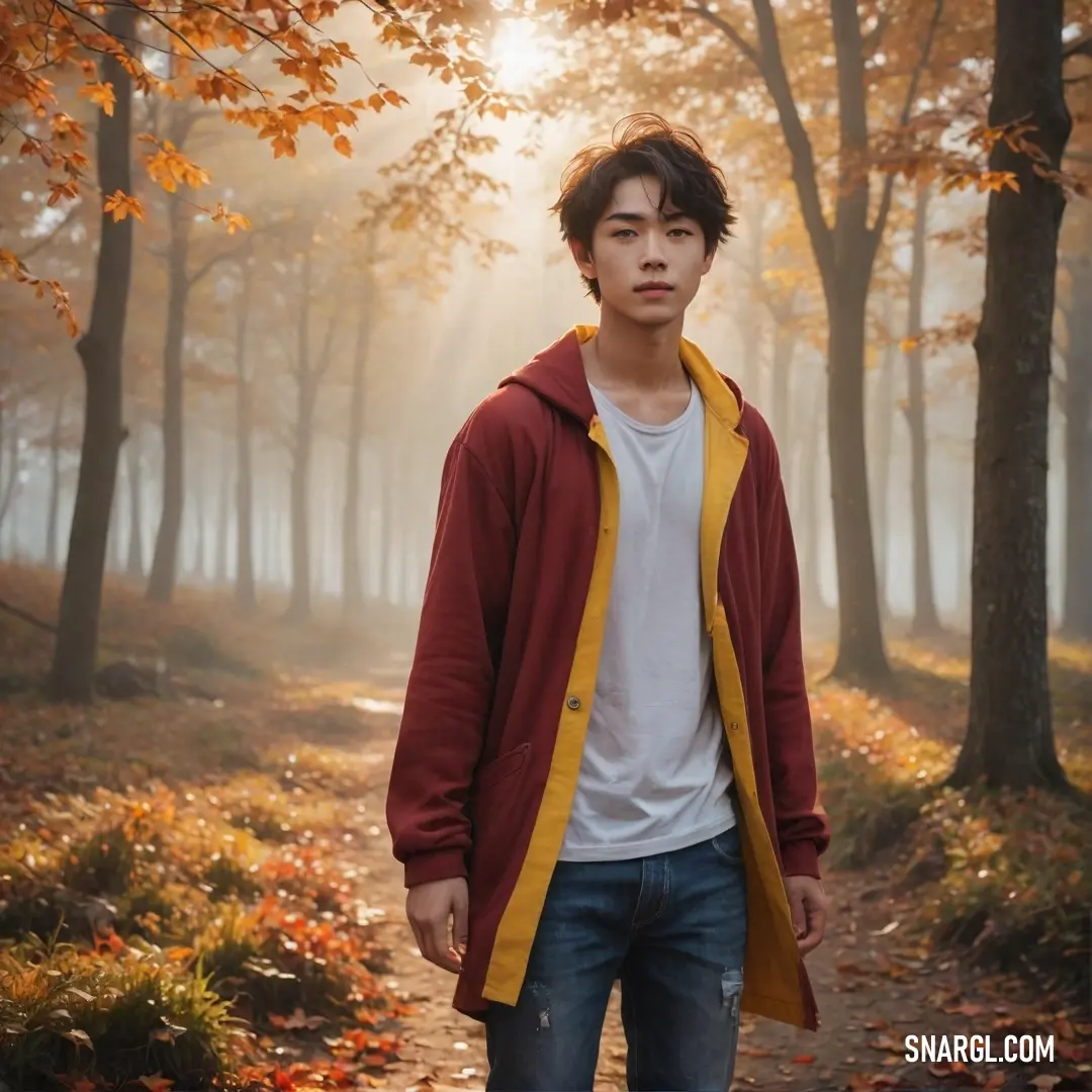 Young man standing in a forest with a bright light coming through the trees behind him and a trail of leaves on the ground