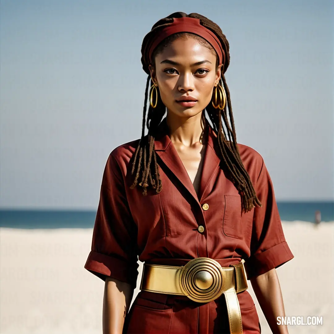 Woman with dreadlocks and a red shirt on a beach with a blue sky in the background. Example of #722F37 color.