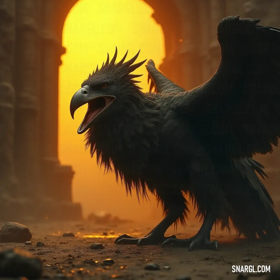 An intimidating Wingcrusher with a colossal, spiked beak and enormous wings, exudes a sense of danger as it dominates the rugged terrain, a force to be reckoned with. A colossal Wingcrusher, featuring a massive beak with deadly spikes on its head and wings, stands like a fearsome guardian in an ancient, wild landscape, showcasing its raw power.