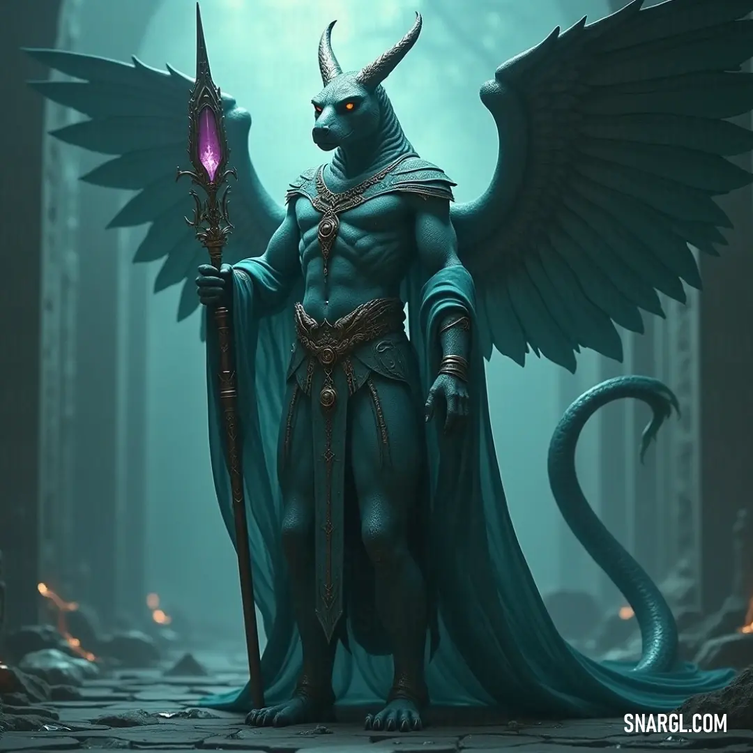 A majestic Winged Sphinx stands in a dark, fog-shrouded realm, brandishing a gleaming sword, evoking an aura of grace interwoven with mystery and allure. A regal Winged Sphinx with an intricate head and body stands confidently in a dark, misty land, holding a sword that gleams ominously, exuding a powerful blend of majesty and mystery under the eerie fog.