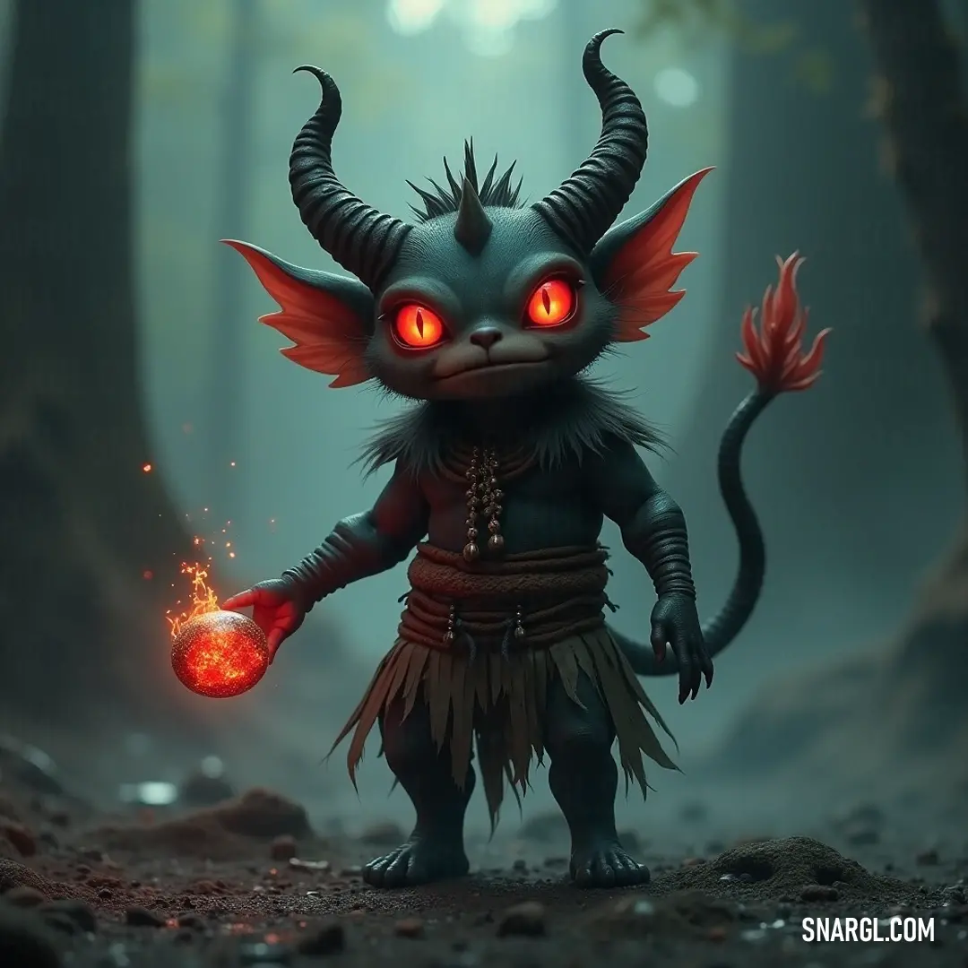 A Winkle with glowing eyes holding a bright orb while surrounded by a magical forest. A Winkle with striking red eyes clutches a luminous orb while surrounded by a mystical forest, where trees stand tall and ancient rocks possess timeless wisdom.