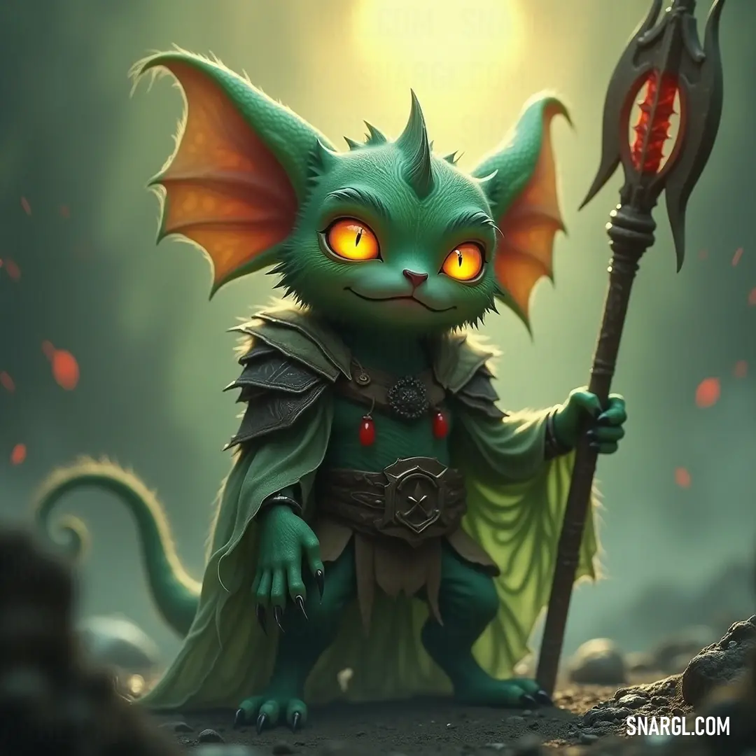 A green Winkle with a red eye, wielding a scepter as it prepares for a mystical adventure. A vibrant green Winkle with one striking red eye holds a unique scepter while preparing to embark on a mystical journey, its whimsical features aglow with charm.