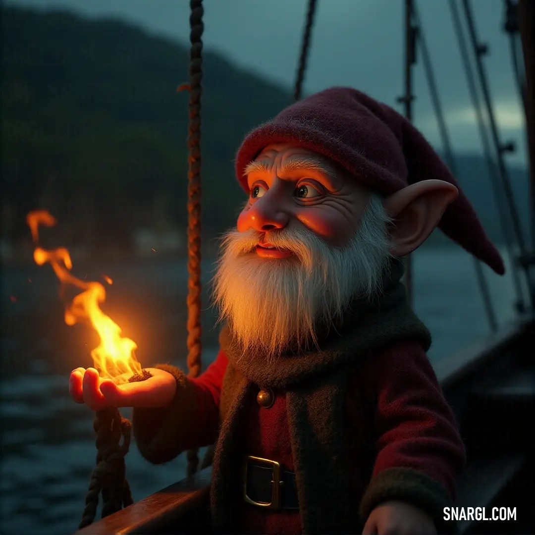 Winklefizz stands confidently on the deck of a boat, a candle flickering in his hand as the night sky looms overhead. The silhouette of a mountain in the distance adds mystery to this serene scene.