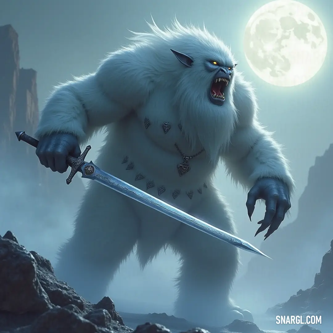 A fearsome Winter Golem, its fur glistening under the full moon, standing ready for battle with a sword in hand in the heart of the winter night. A mighty Winter Golem, covered in thick fur, stands in the moonlit night, holding a sword in front of a full, glowing moon. Its presence is imposing and fierce, ready to face any threat under the cold, clear sky.