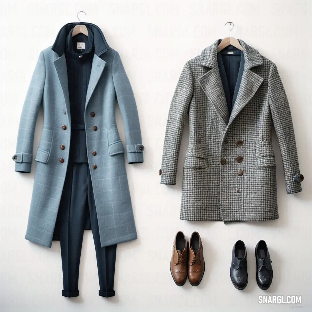 Coat, shoes and a pair of pants are hanging on a wall next to a coat rack