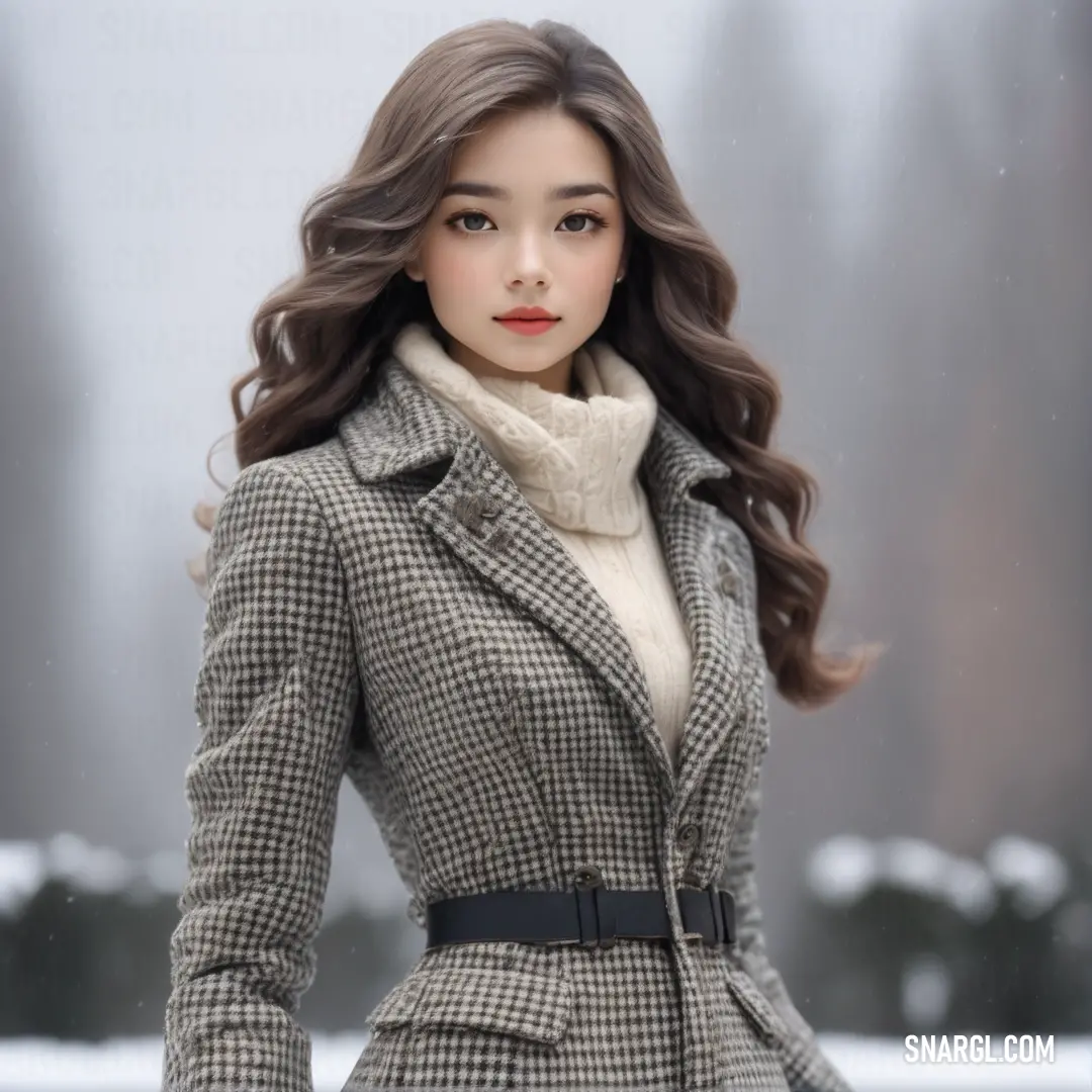 Doll is wearing a coat and scarf in the snow with a scarf around her neck