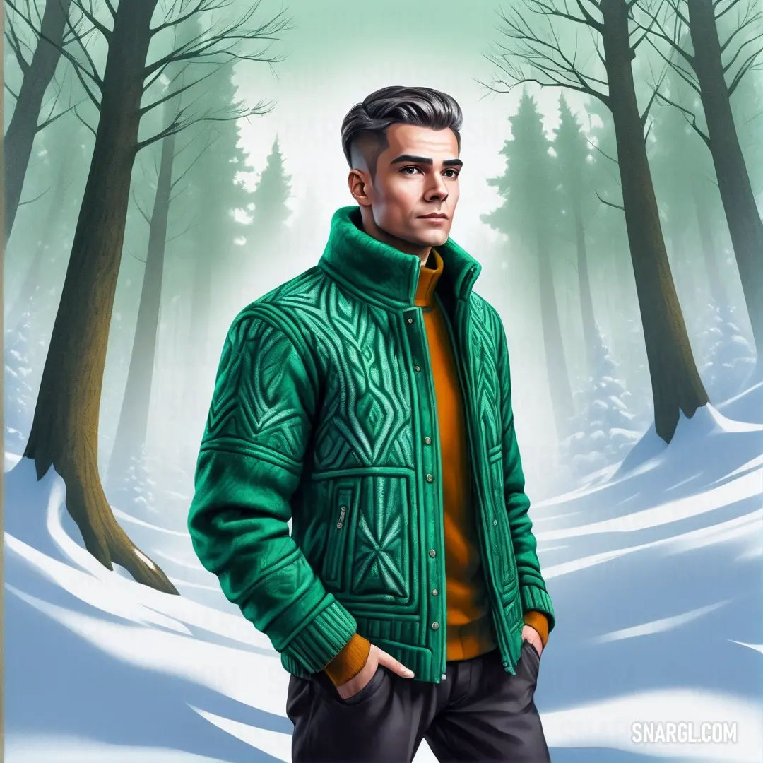 Man in a green jacket standing in the snow in front of a forest with trees