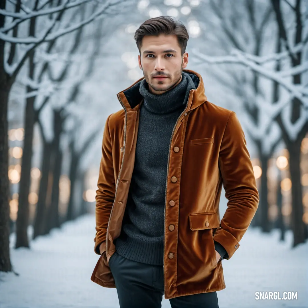 Man standing in the snow wearing a brown jacket and a black turtle neck sweater and black pants