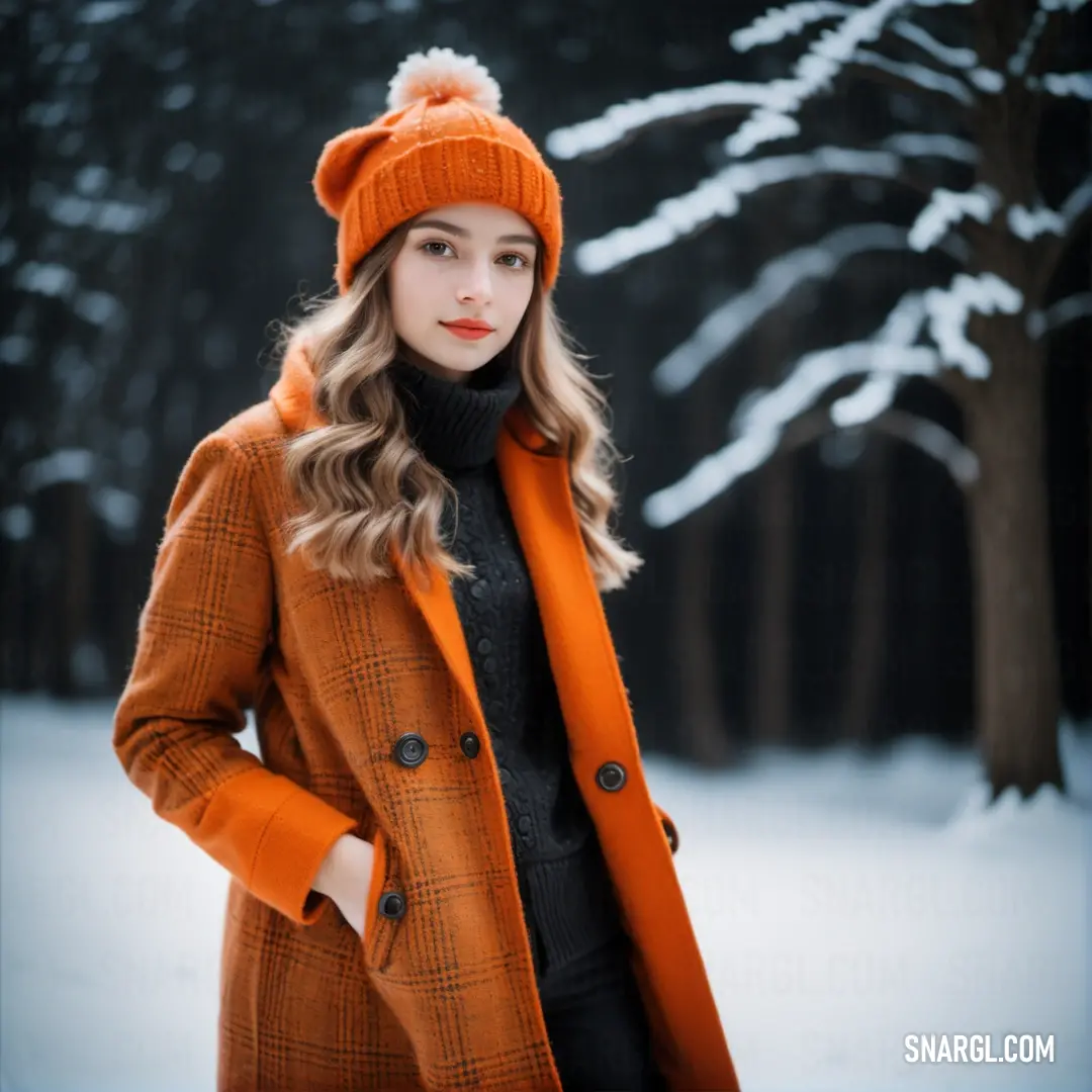 Woman in a coat and hat standing in the snow in a forest with trees in the background