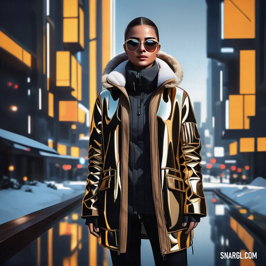 Woman in a gold jacket and sunglasses standing in a city street at night with a reflection of buildings