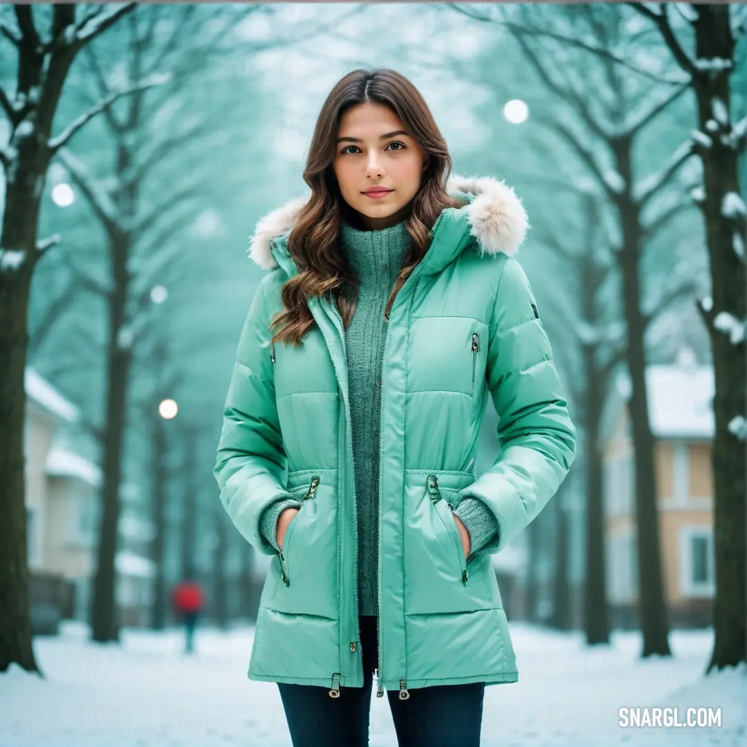 Woman in a green coat standing in the snow in front of a tree lined street with lights and buildings