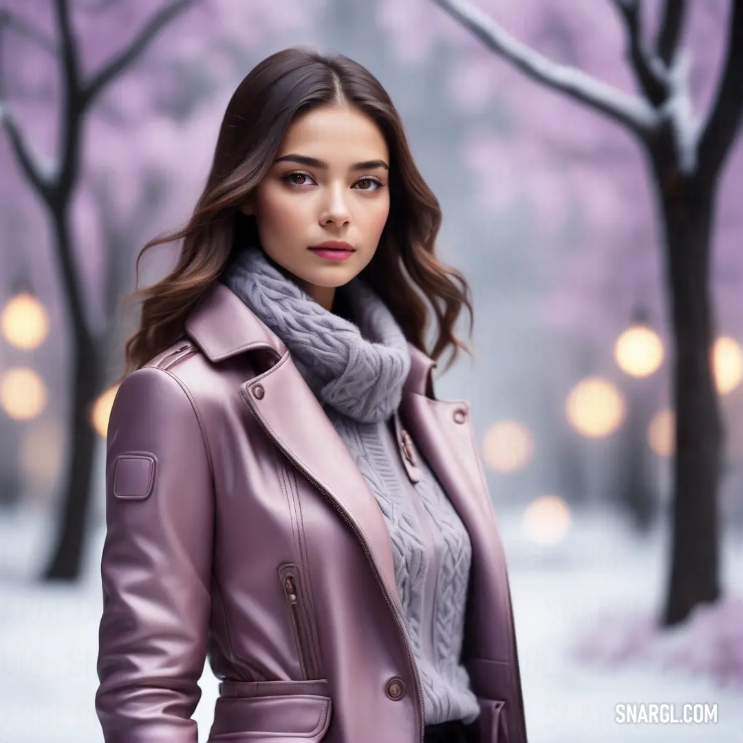 Woman in a leather jacket and scarf standing in the snow with a snowy park behind her and a street light in the background