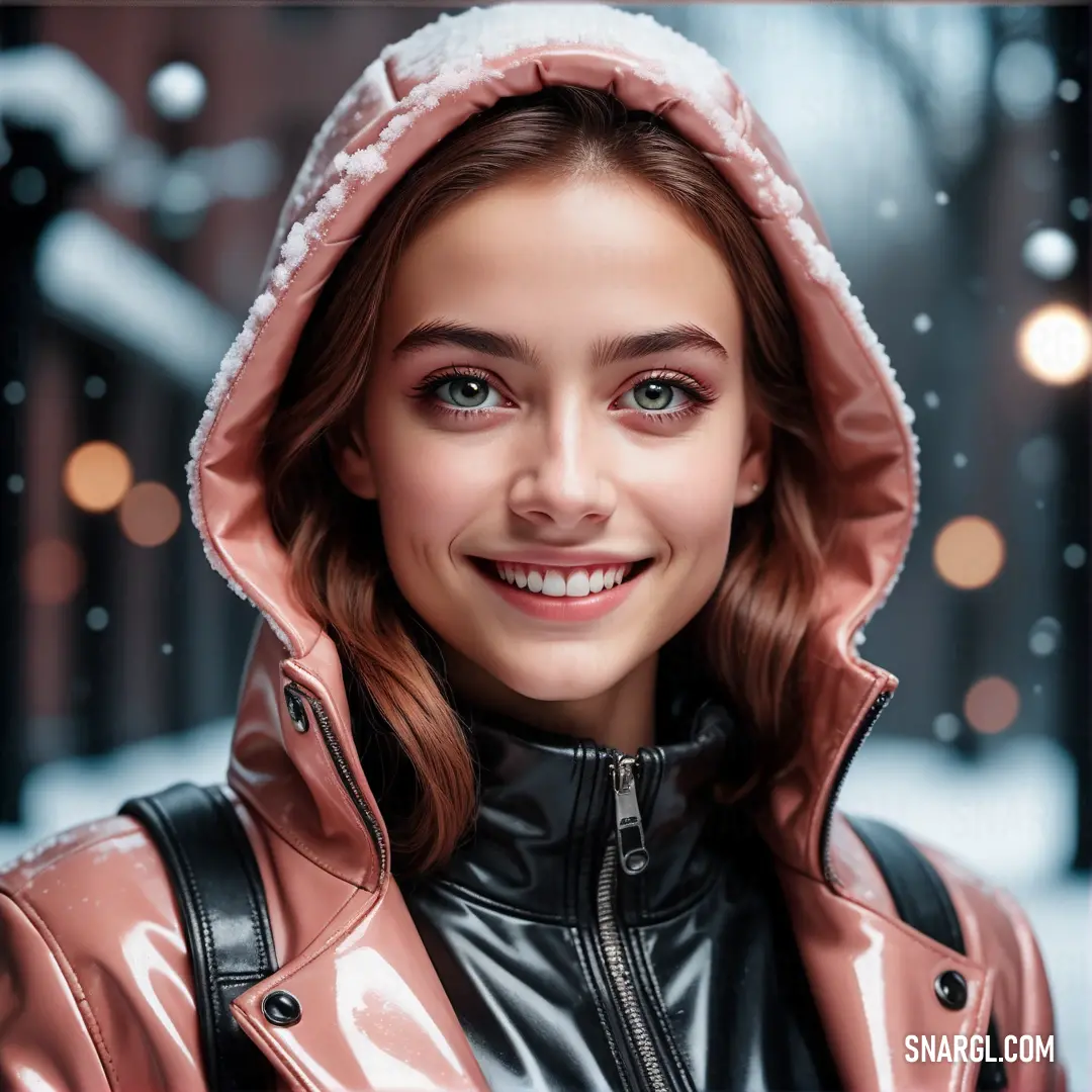 Woman in a leather jacket and a hoodie smiling at the camera with a snowy background behind her