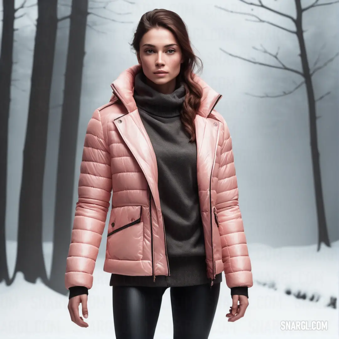 Woman in a pink jacket and black pants standing in the snow in front of a forest with trees