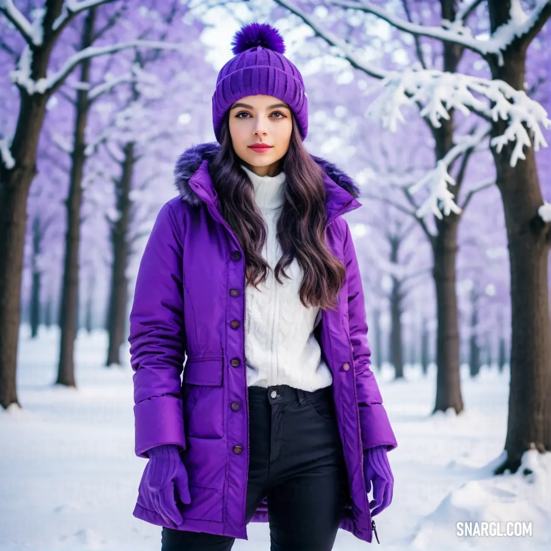Woman in a purple coat and hat standing in the snow in front of trees