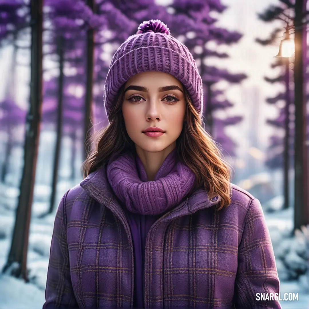 Woman in a purple coat and a purple hat in the snow with trees in the background