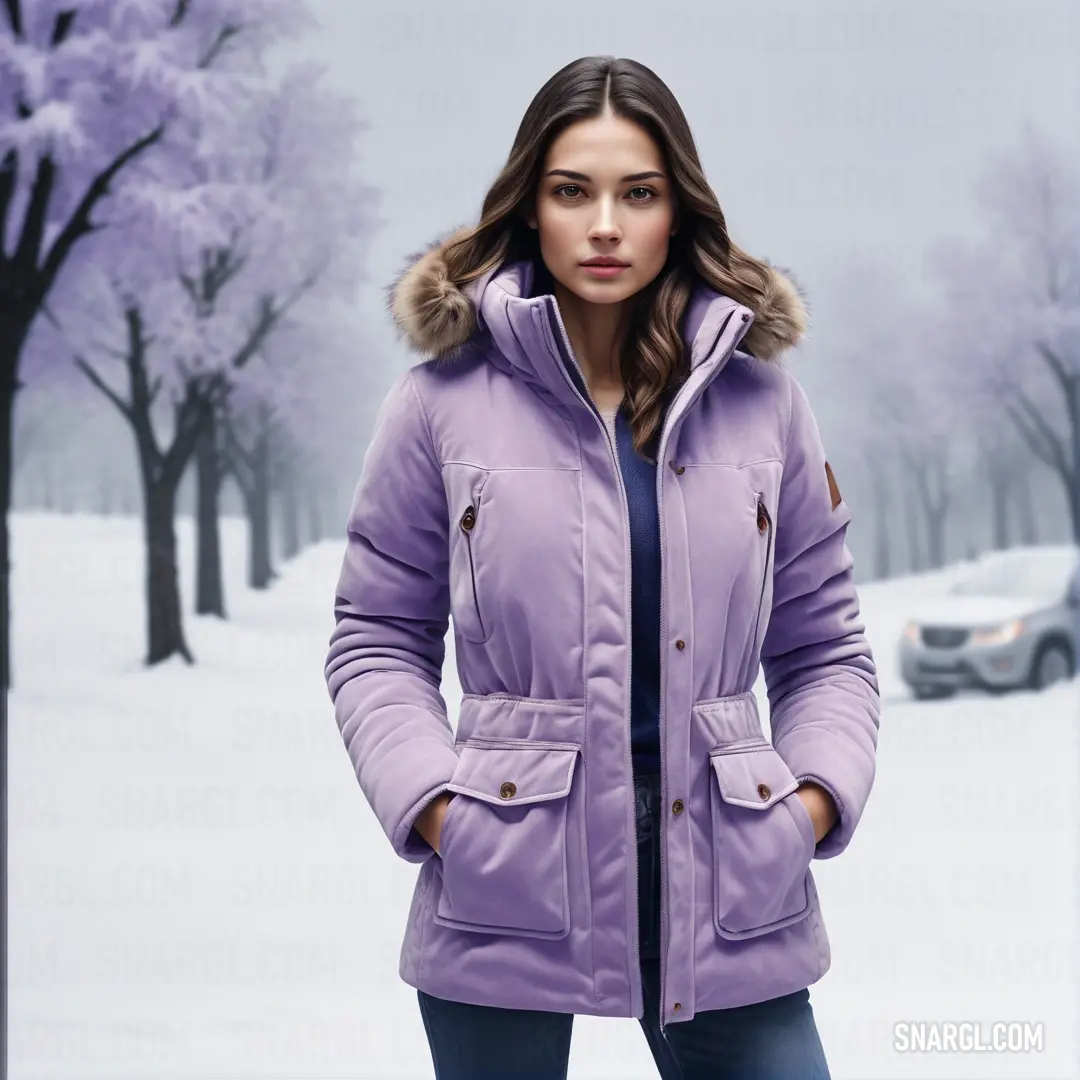Woman in a purple parka standing in the snow with her hands on her hips