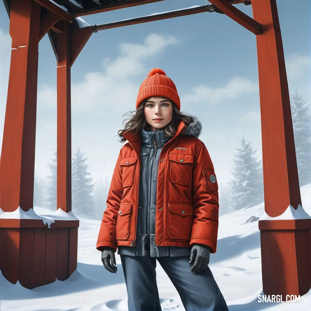 Woman in a red jacket and hat standing in the snow under a red structure with a snowboard on it