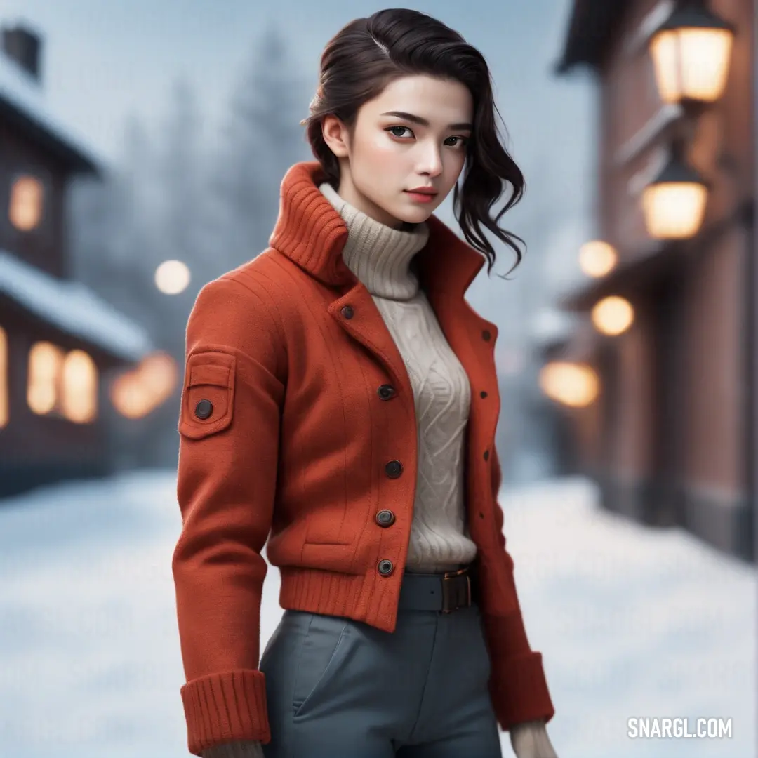 Woman in a red jacket is standing in the snow in front of a building with a light on