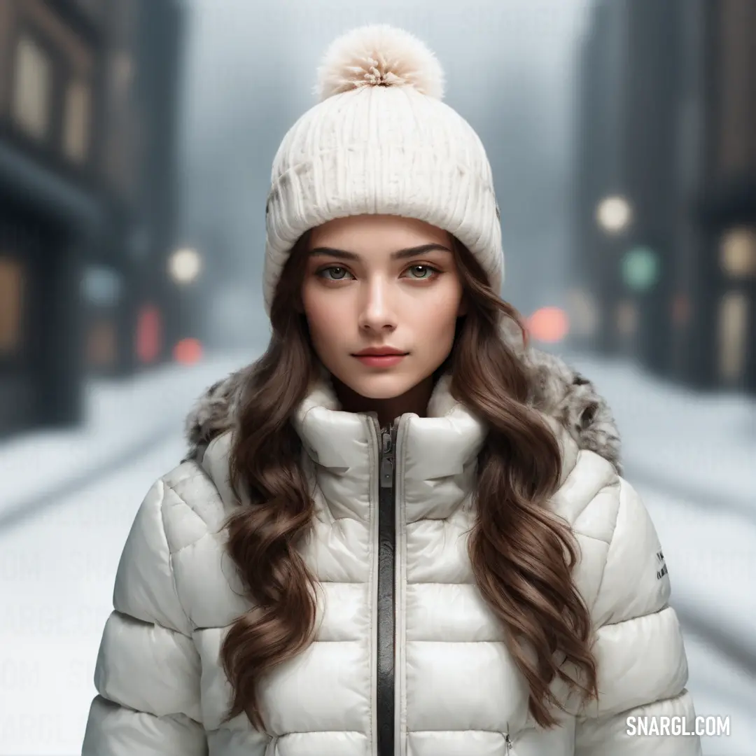 Woman in a white jacket and a white hat is standing in the snow in a city street at night