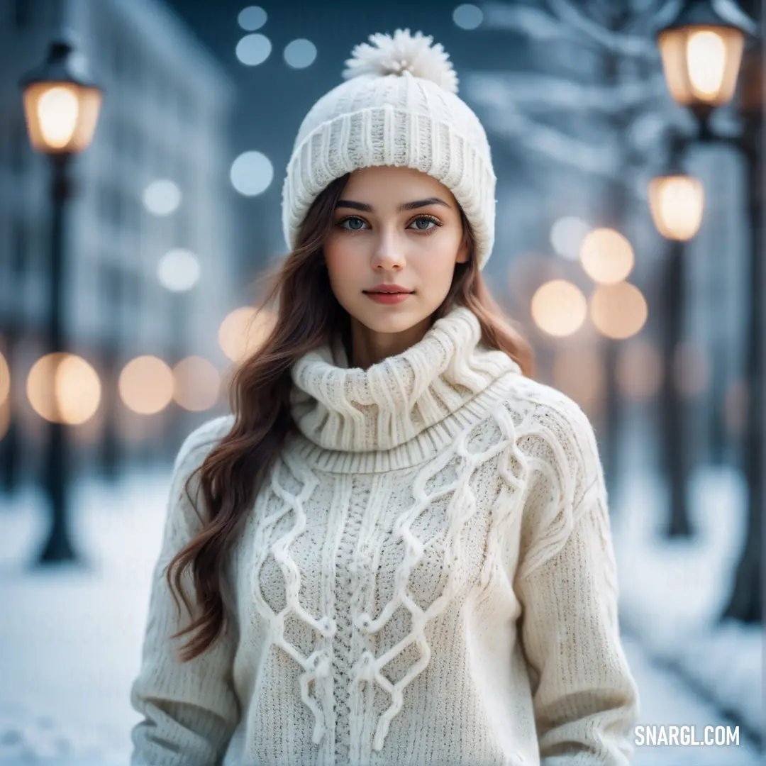 Woman in a white sweater and a white hat is standing in the snow in front of a street light