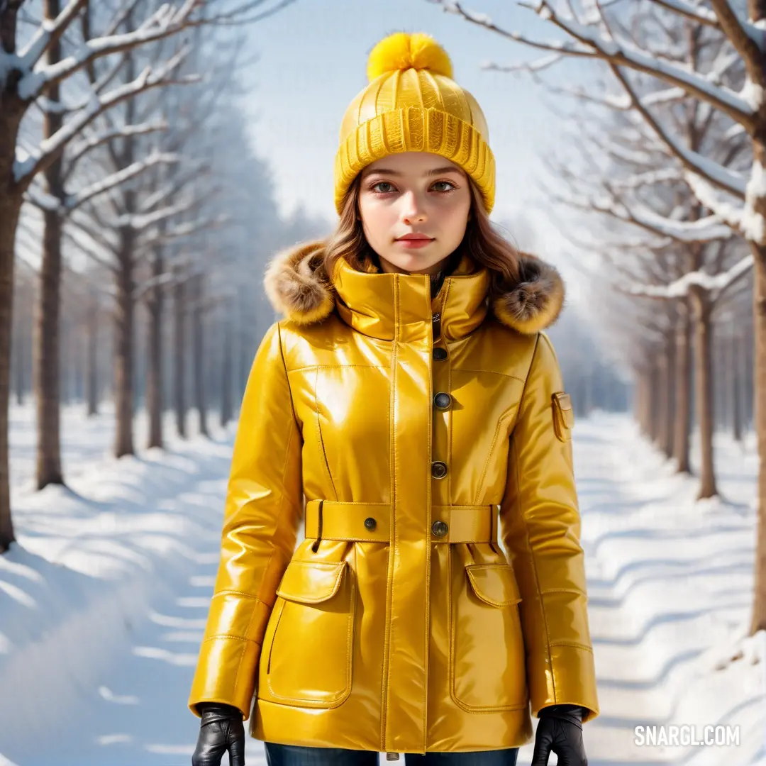 Woman in a yellow coat and hat standing in the snow in a parka and gloves with a fur lined hood