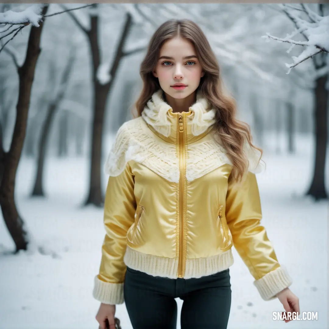 Woman in a yellow jacket is standing in the snow with trees in the background