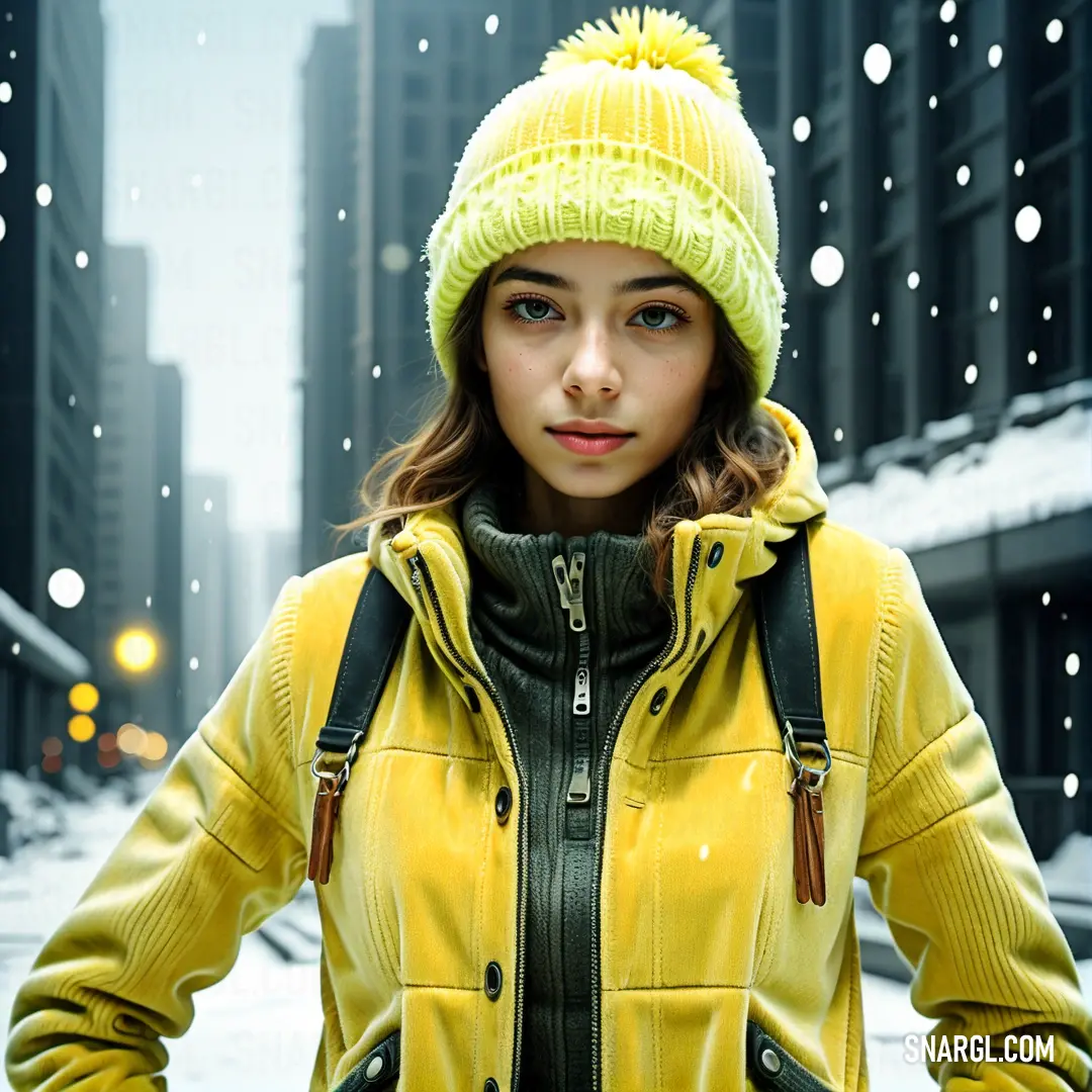 Woman in a yellow jacket and a yellow hat is standing in the snow with her hands on her hips