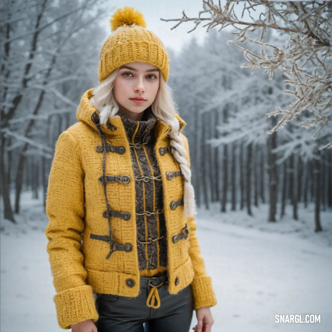 Woman in a yellow jacket and hat standing in the snow with a tree in the background