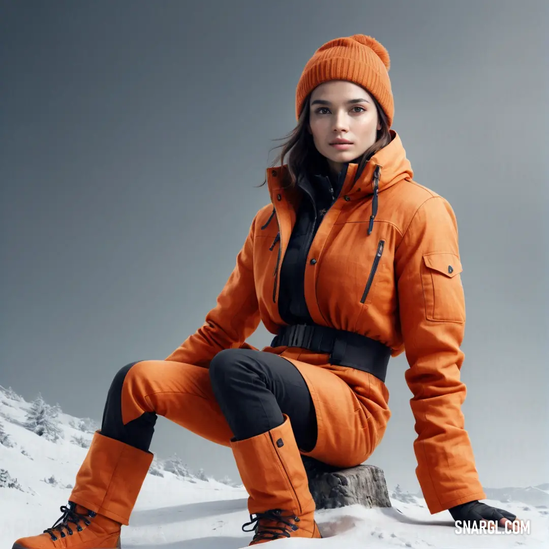 Woman in an orange jacket and black pants on a rock in the snow wearing orange boots and a hat