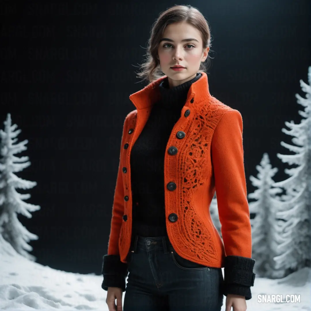 Woman in an orange jacket standing in the snow with trees in the background