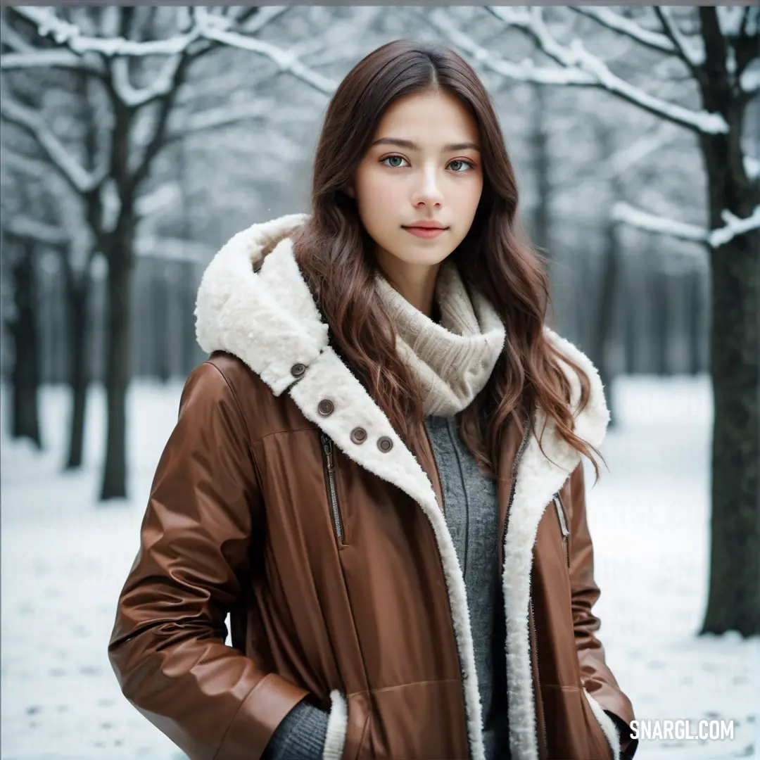 Woman standing in a snowy park with a jacket on and a scarf around her neck