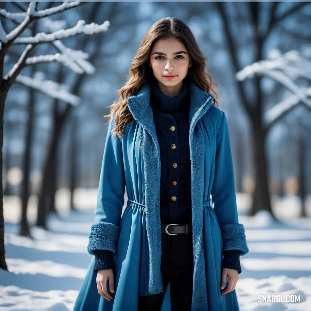 Woman standing in the snow wearing a blue coat and black shirt and black pants and a black turtle neck sweater