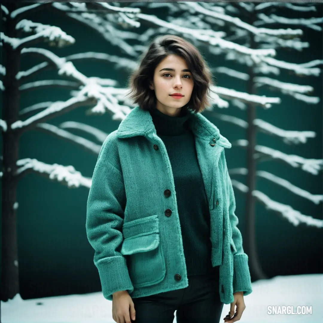 Woman standing in the snow wearing a green coat and black pants with a forest background
