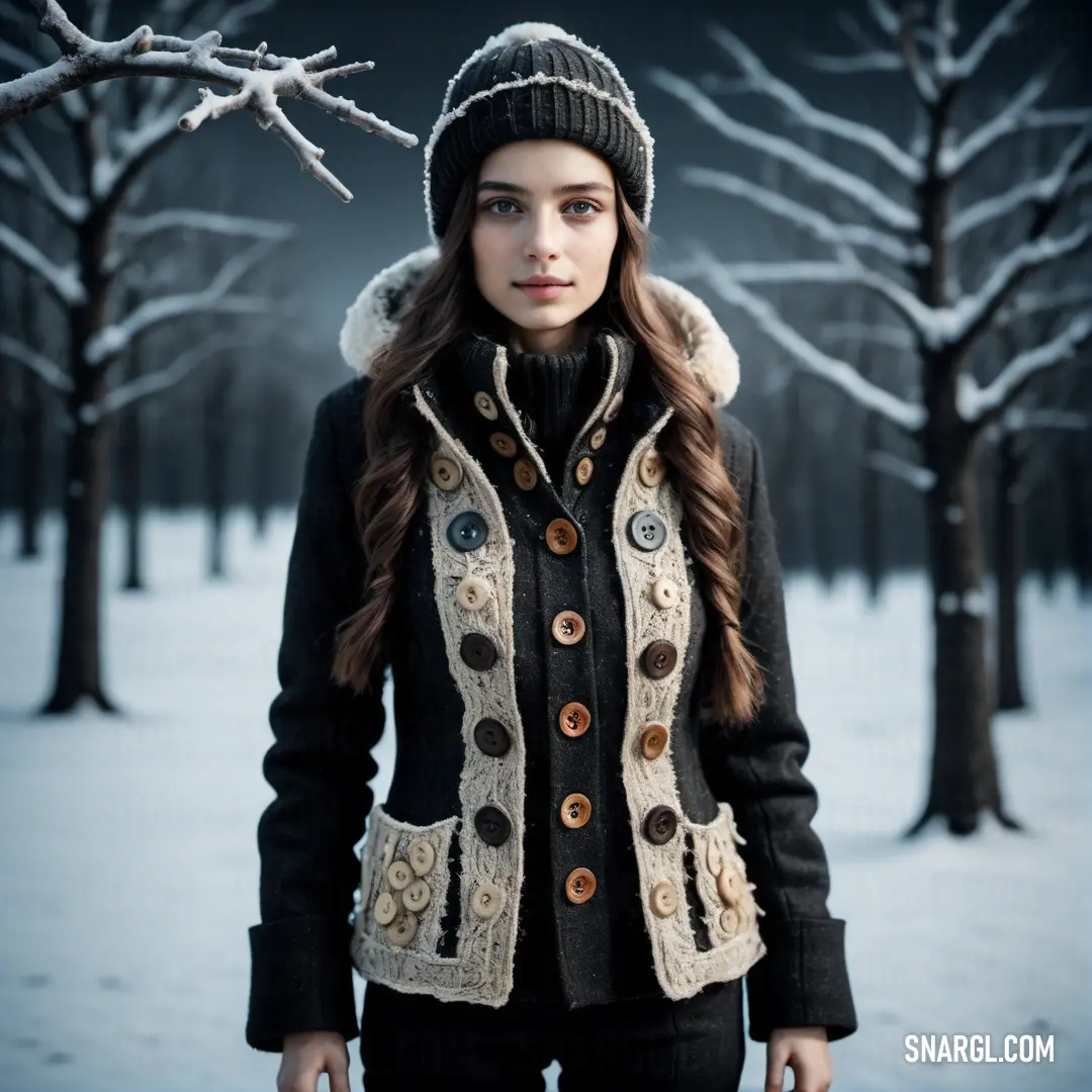 Woman standing in the snow wearing a hat and coat with buttons on it and a tree in the background