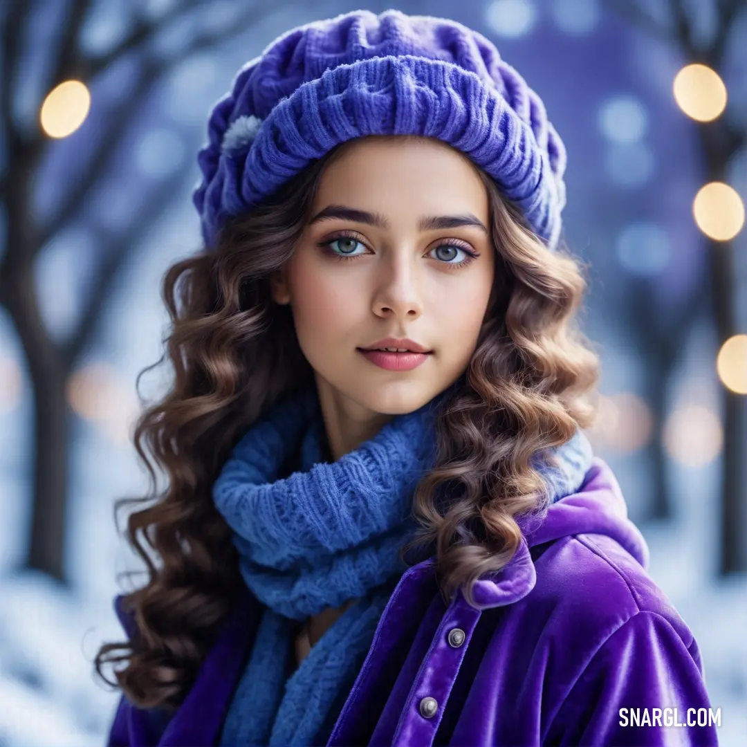 Woman wearing a purple hat and scarf in the snow with a blue scarf around her neck