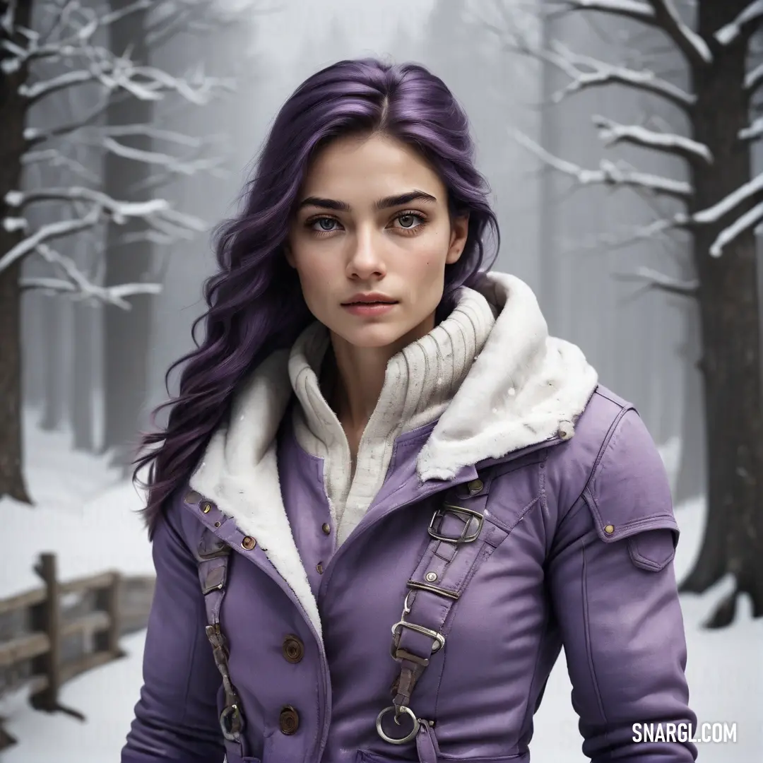 Woman with purple hair and a purple jacket in the snow with trees in the background