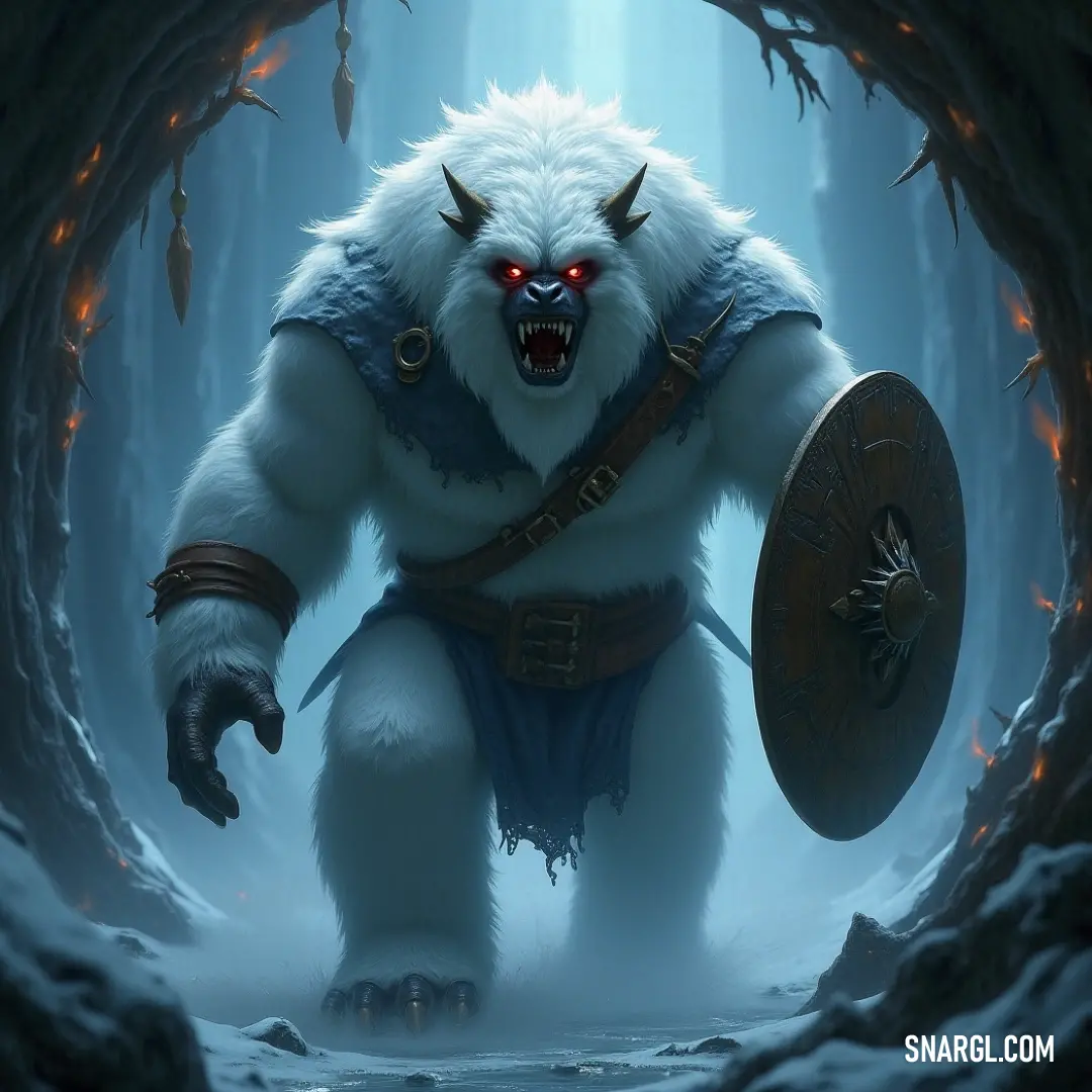 A powerful Winter Sentinel, its fur glowing as fire erupts from its eyes and mouth, standing ready to defend the snowy forest with its sword and shield. A fierce Winter Sentinel, its white fur glowing with a supernatural light, holds a shield and sword. Fire bursts from its eyes and mouth as it stands in a snowy forest, ready to protect the land from any intruder.
