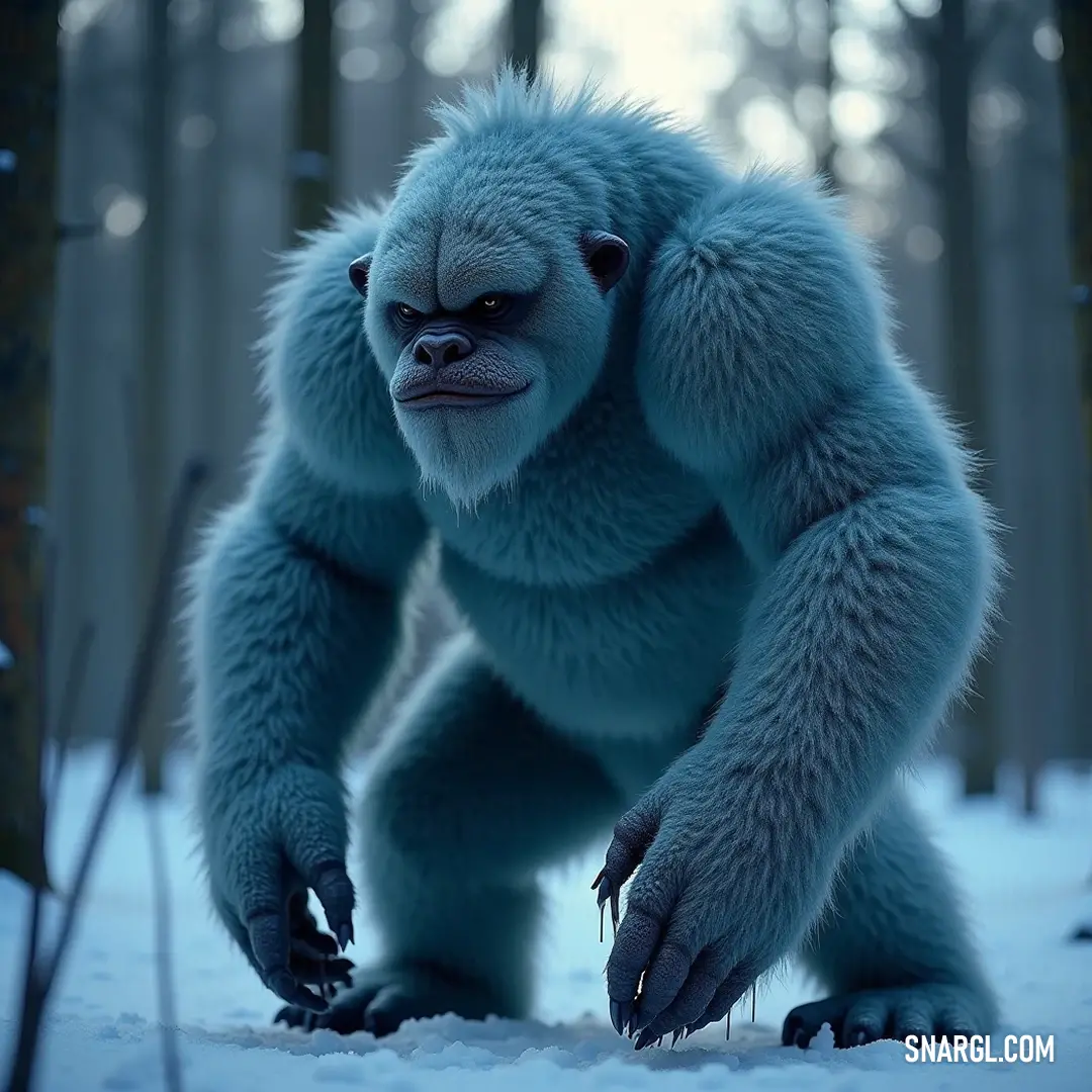 Crouched in the snow, the Winter Warden interacts with its frosty surroundings, showcasing its resilience and strength while standing vigilant among trees and wintering bushes. A powerful Winter Warden crouched in the snow, its thick fur offering insulation against the cold as it touches the snow-covered ground amidst a backdrop of stark trees and thick bushes.