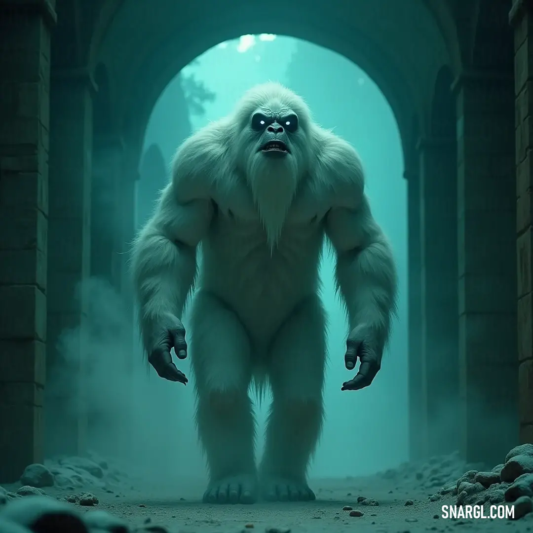 A formidable Winter Wight, draped in fur, stands defiantly within a foggy tunnel, surrounded by an enigmatic blue atmosphere that enhances its mystical presence. A fierce big furry Winter Wight stands in a mystical fog, its form partially obscured, creating an ethereal aura that intrigues the imagination as it emerges from the bluish mist.
