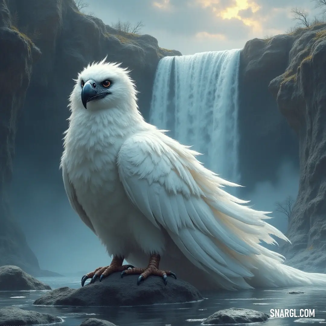 A serene White Winterlight stands gracefully in front of a magnificent waterfall, its pure white feathers reflecting the splendor of nature, embodying tranquility and grace as water cascades down in a spectacle of beauty.
