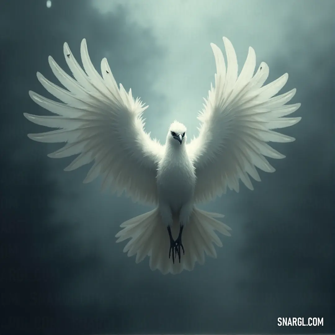 Graceful White Winterwing soaring against a backdrop of shifting clouds. The White Winterwing with majestic wings spread wide soars through the sky, silhouetted against a backdrop of shifting clouds that dance in harmony with its graceful flight.