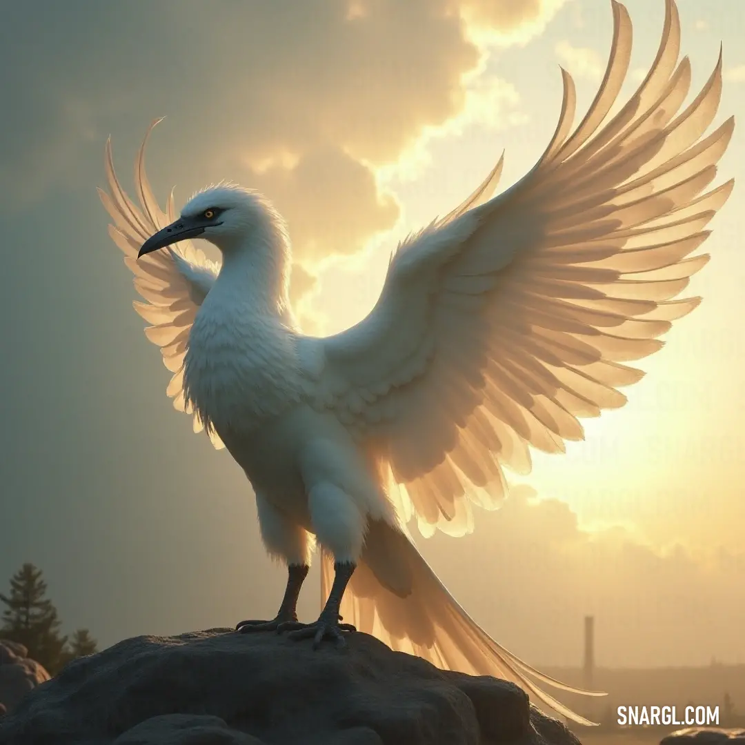 Perched on a sunlit rock, the White Winterwing with its resplendent wings unfurled basks in the warmth of the sun, creating a stunning contrast against the vibrant blue sky that stretches endlessly above.