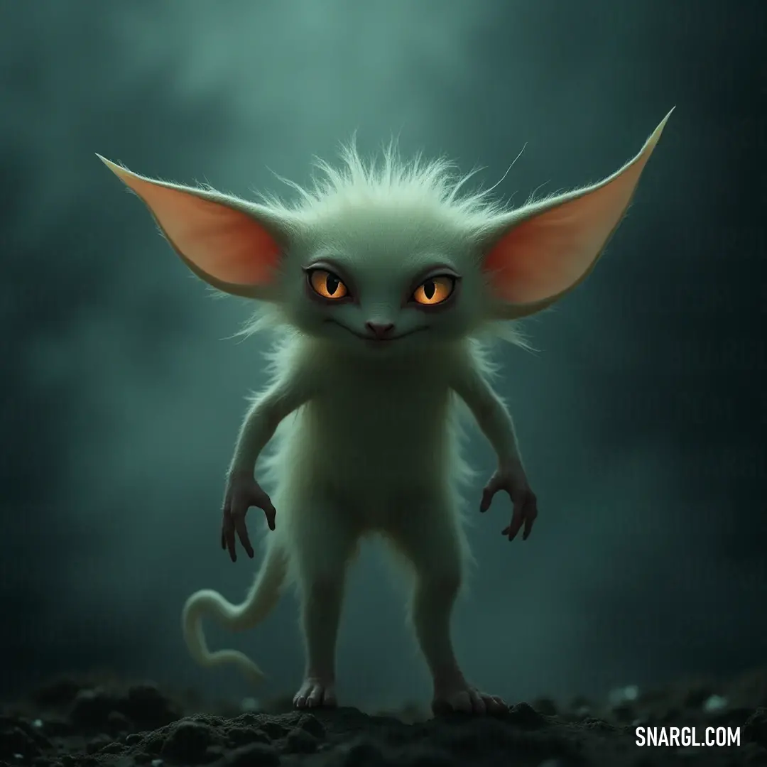 A captivating wisp with fiery orange eyes and a plush tail, standing in a mysterious dark setting, radiating an enigmatic charm. A wisp with glowing orange eyes and a fluffy tail, elegantly poised in a shadowy environment, exuding an enchanting yet mysterious aura as it blends into the dark surroundings.