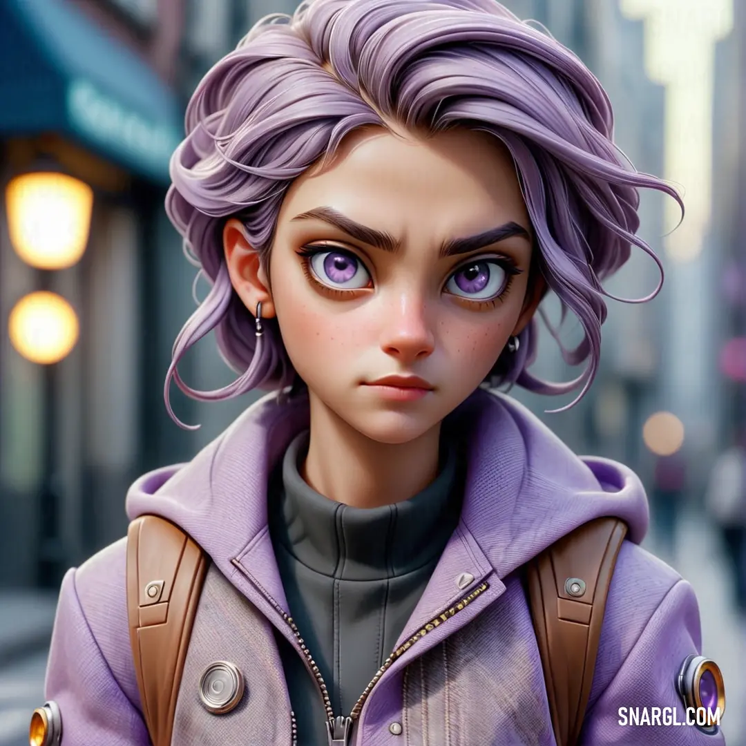 Cartoon character with purple hair and a purple jacket on a city street at night with street lights in the background