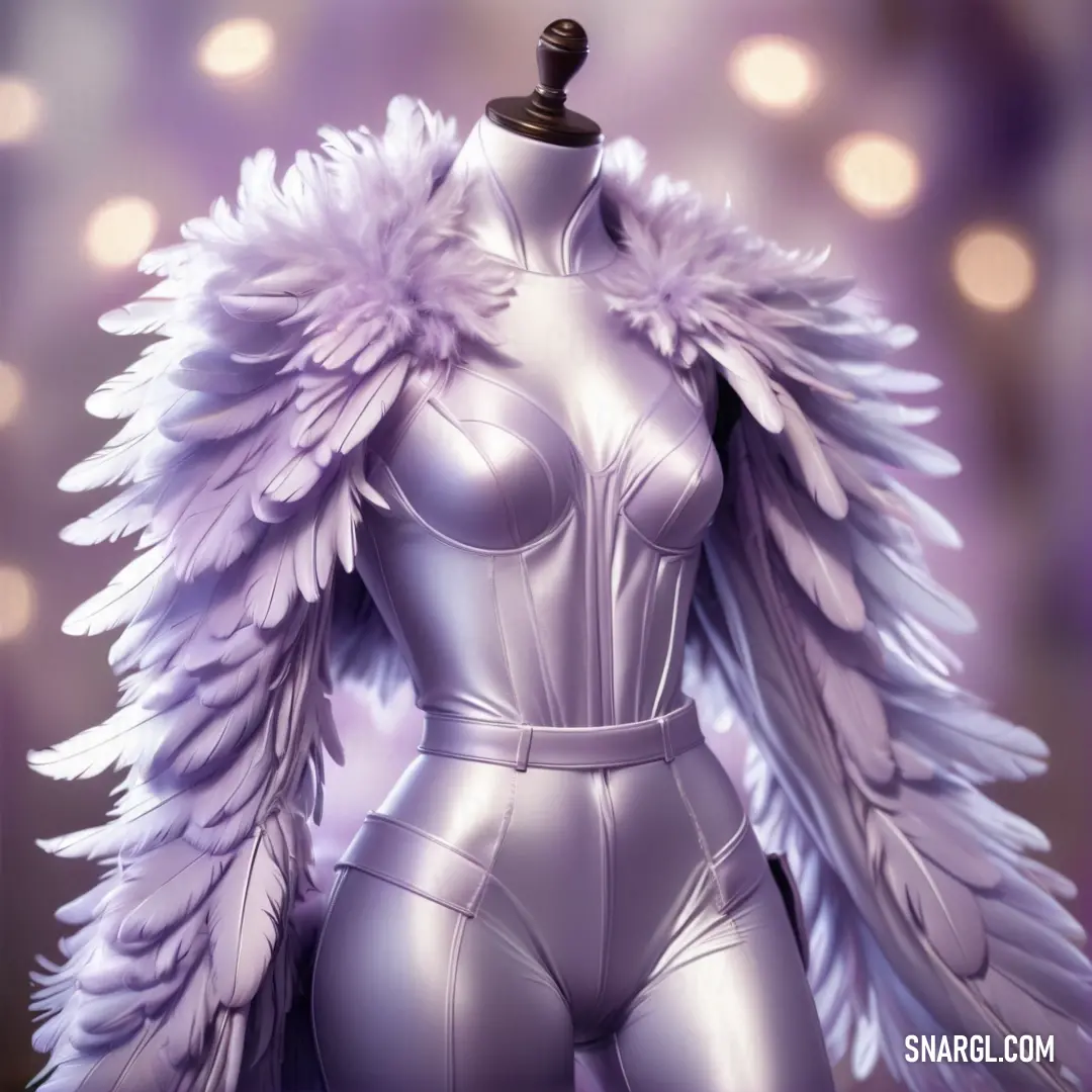 Female figure with large wings on a mannequin's body. Color Wisteria.