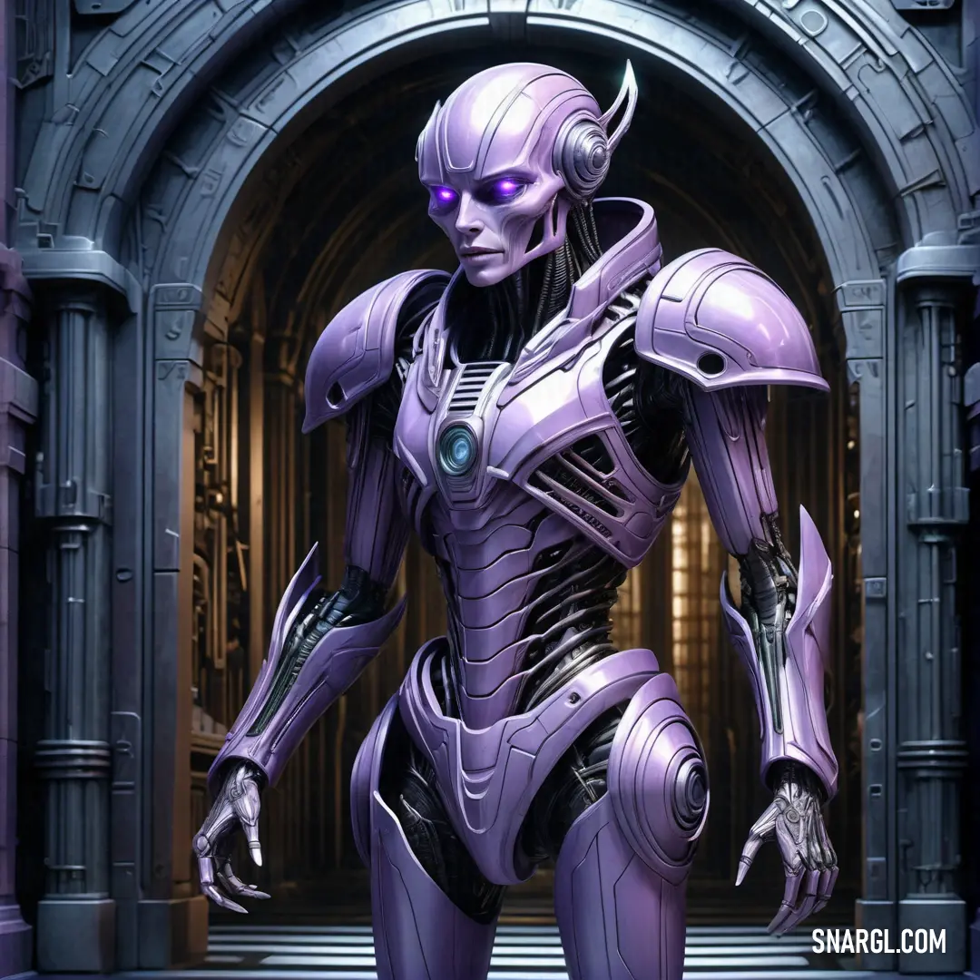 Futuristic woman in a purple suit standing in front of a doorway. Color RGB 201,160,220.