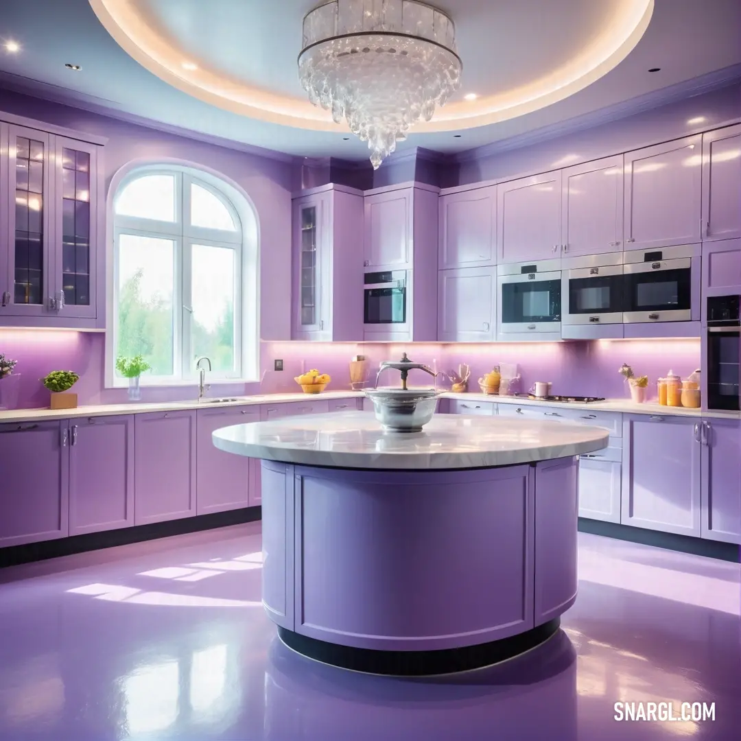 Kitchen with a purple island and a chandelier hanging from the ceiling and a large window in the center. Example of RGB 201,160,220 color.