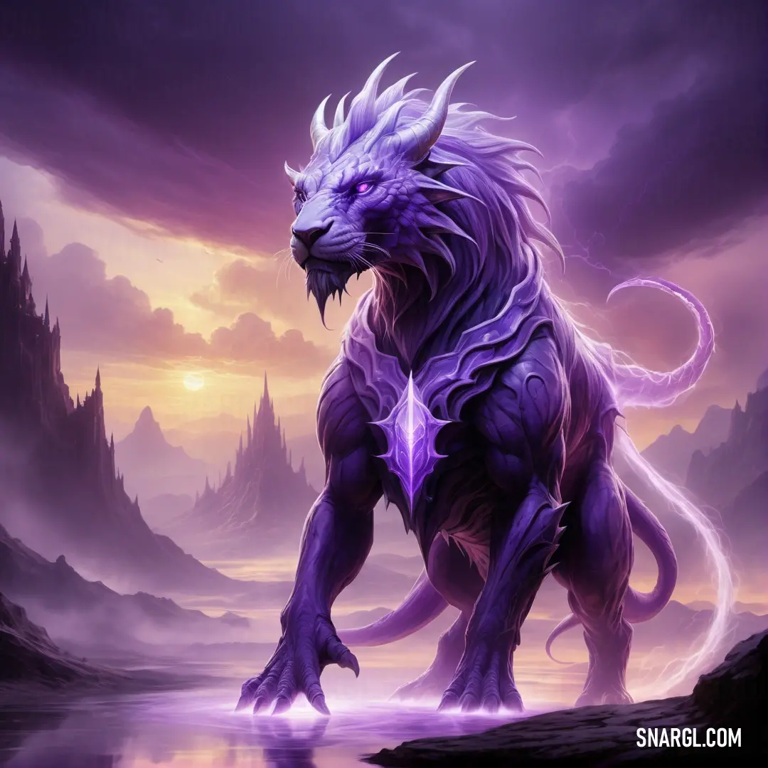 Purple dragon with a purple tail and a purple body of water in front of a mountain range