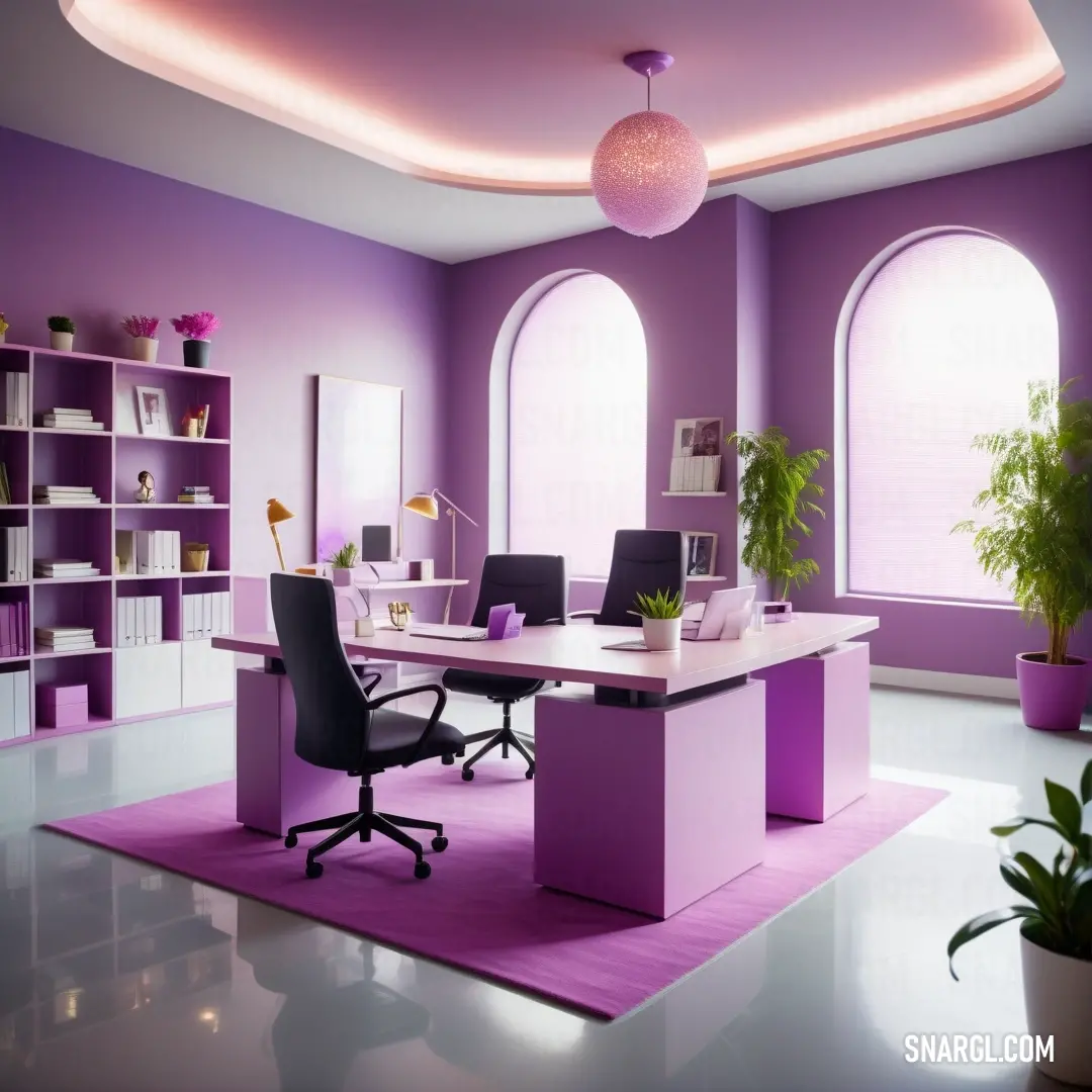 Purple office with a desk and chairs and a potted plant in the corner of the room with a large window. Color RGB 201,160,220.